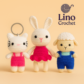 🧶 مجموعة الدمى الثلاثية – الأرنب، القطة، الخروف